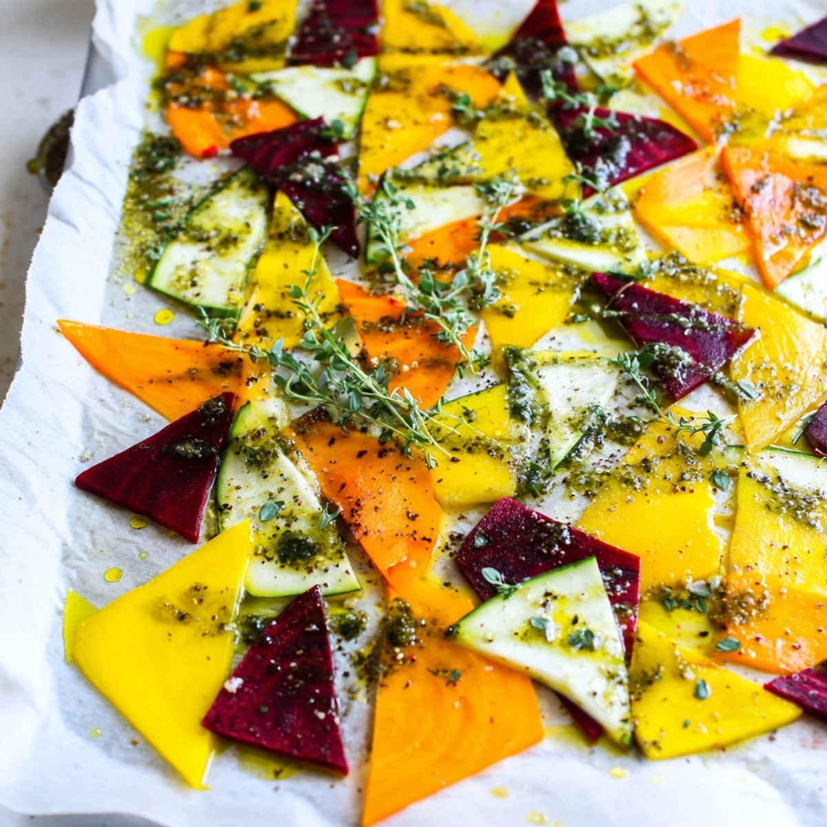 Deconstructed Cubist salad, arranged vividly with colorful geometric shapes ready to enjoy.