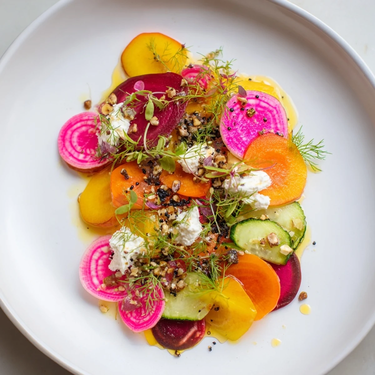 Artistic plate of Kinetic Motion Blur features colorful, thinly sliced vegetables with creamy goat cheese.