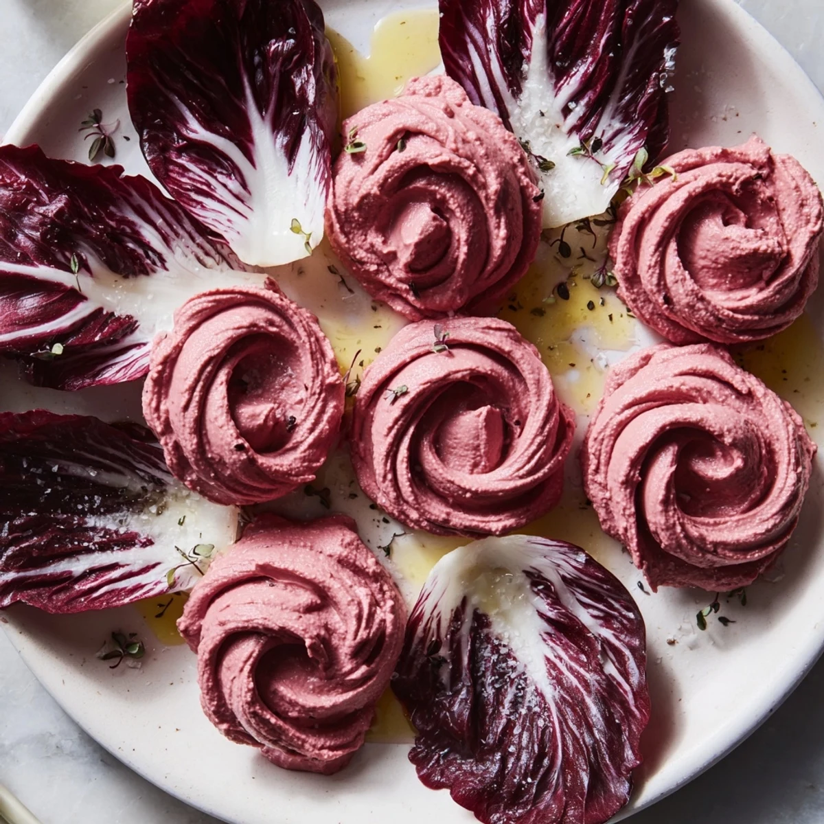 Vibrant "Velvet Rose" appetizer: creamy beet hummus, swirled into rosy shapes with crisp radicchio.