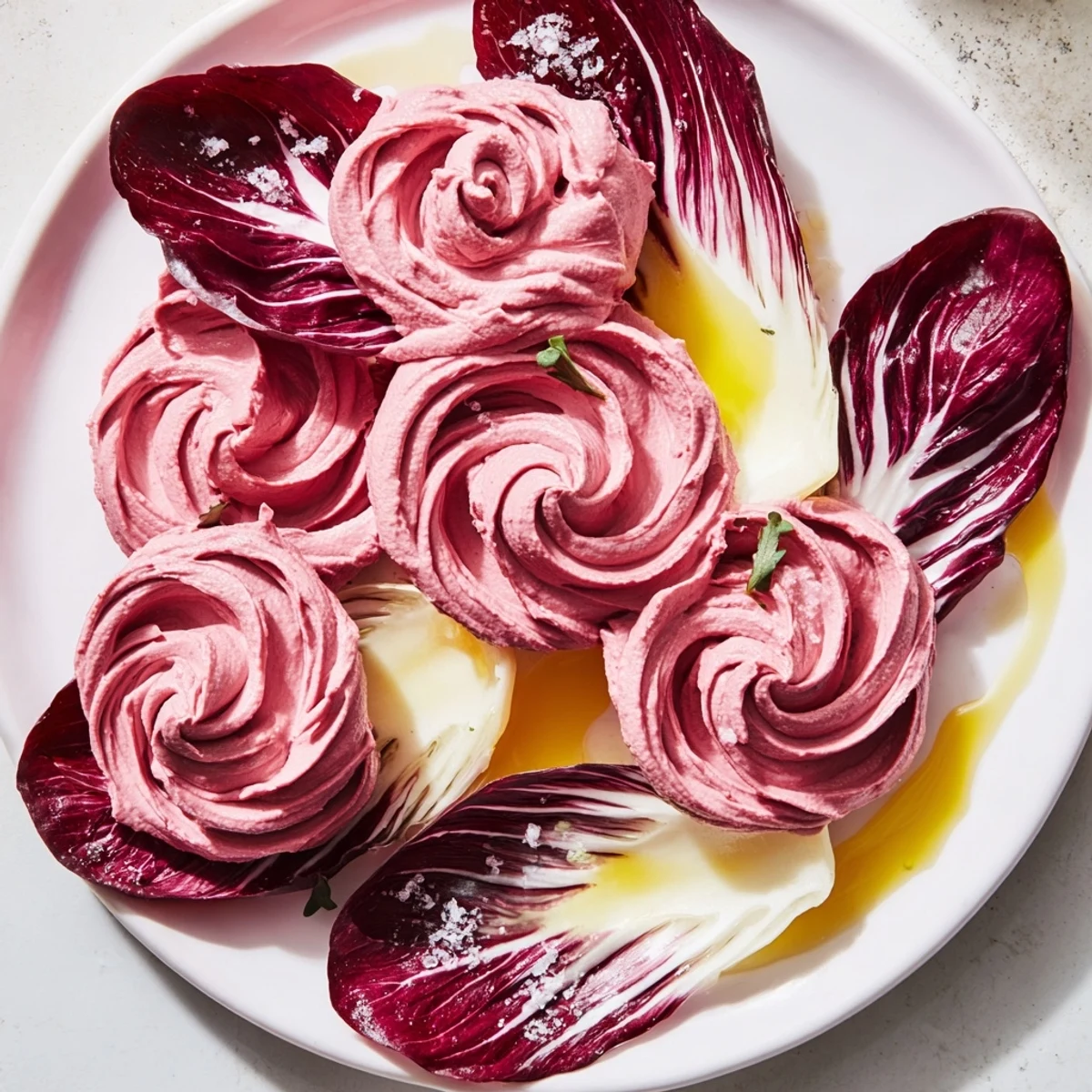 Close-up of a "Velvet Rose," showing the deep red hummus roses next to leafy, bitter radicchio.