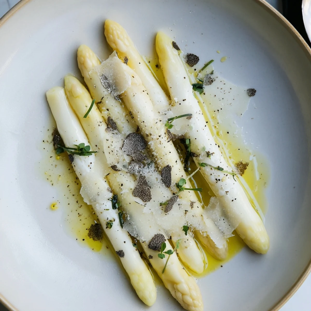 Elegant The Silver Birch starter: tender white asparagus, creamy cheese, and black truffle shavings.