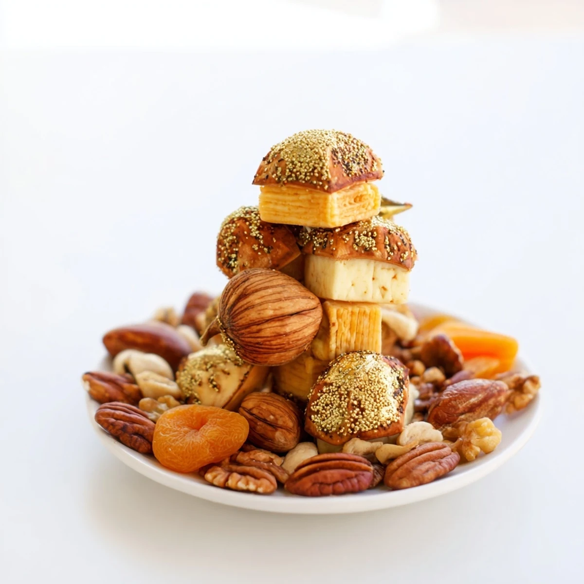 A close-up of The Gilded Acorn board showcasing golden nut-dusted almonds near cheese cutouts and fruit.