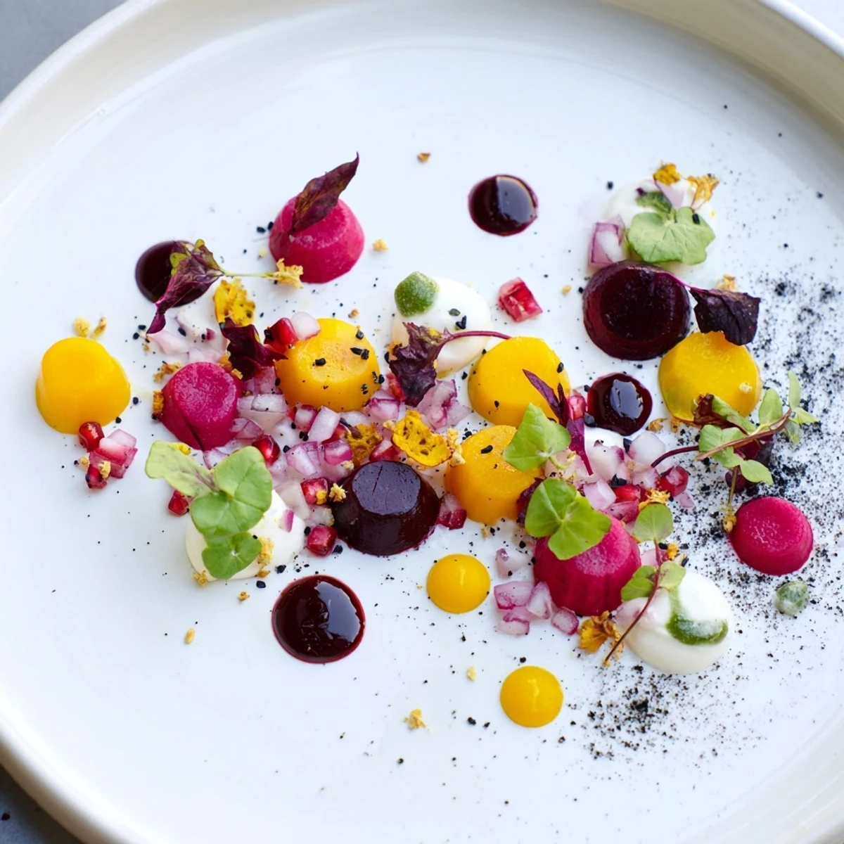 Taste the fresh flavors of this stunning Pointillism Dot Matrix, a colorful appetizer artfully plated.