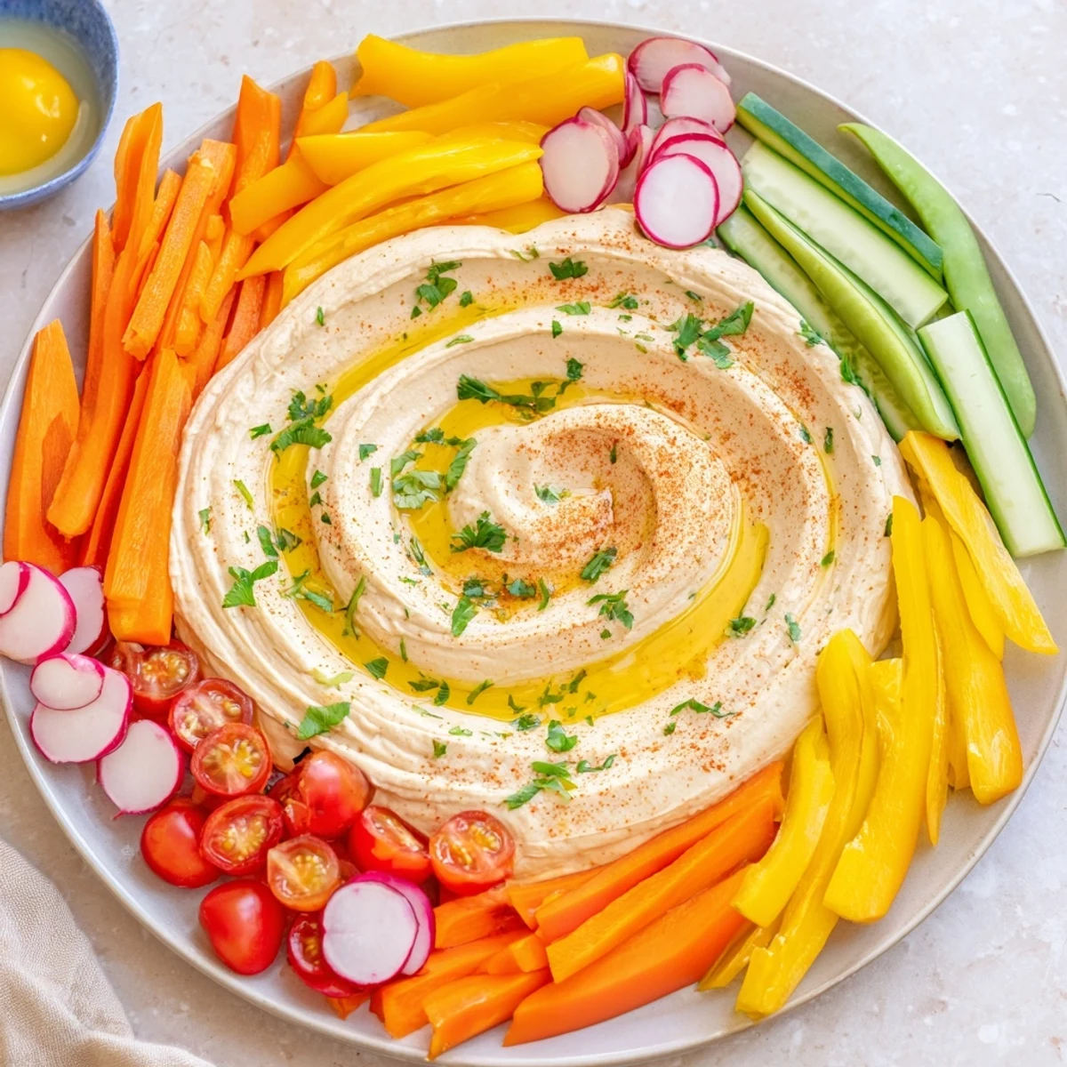 A vibrant River Delta Flow appetizer: colorful veggie tributaries merge into creamy hummus' river.