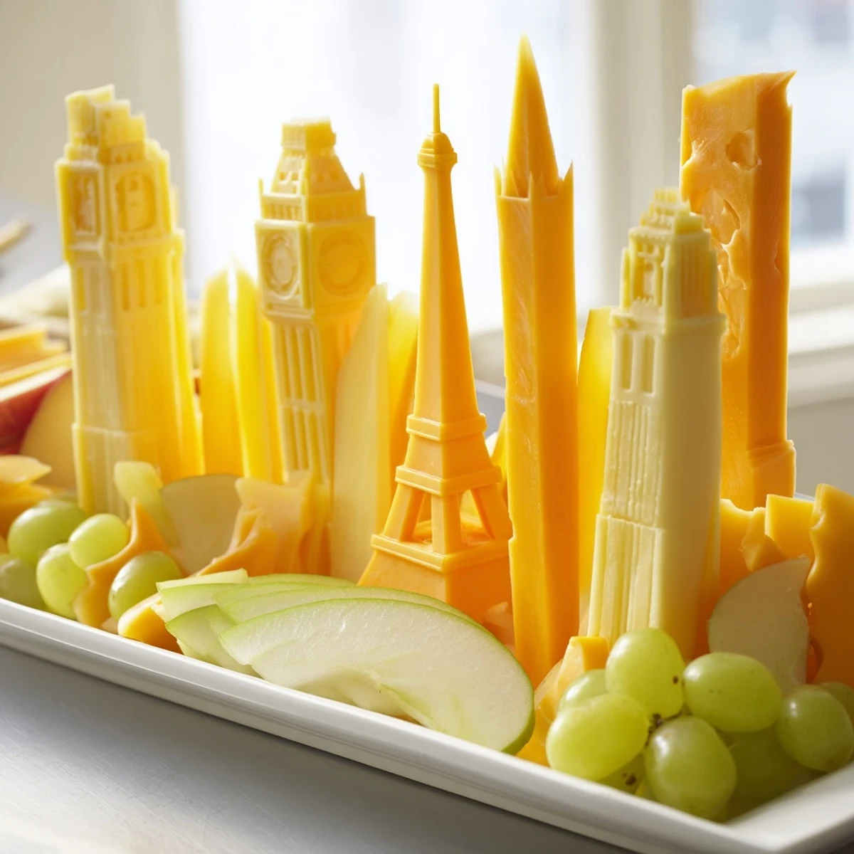 A visually striking Skyline Silhouette cheese platter with building-shaped cheeses, plus grapes.