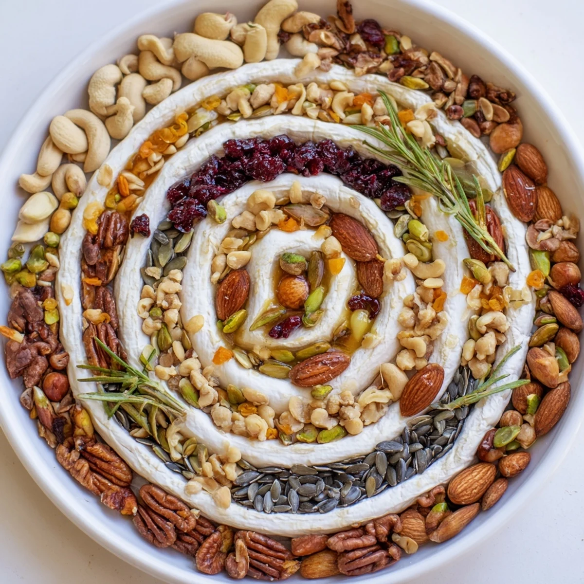 Magnificent "Labyrinth" appetizer featuring a cheese wheel, nuts, seeds, and fresh herbs in a maze design.