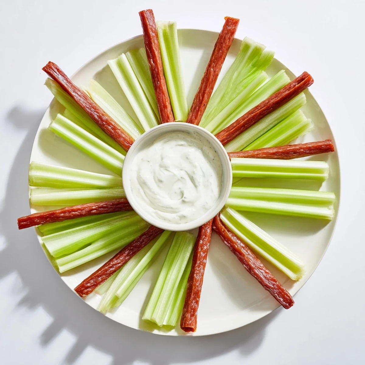 The Rustic Wheel appetizer, a beautiful arrangement of celery and meaty sticks, ready to serve and share.