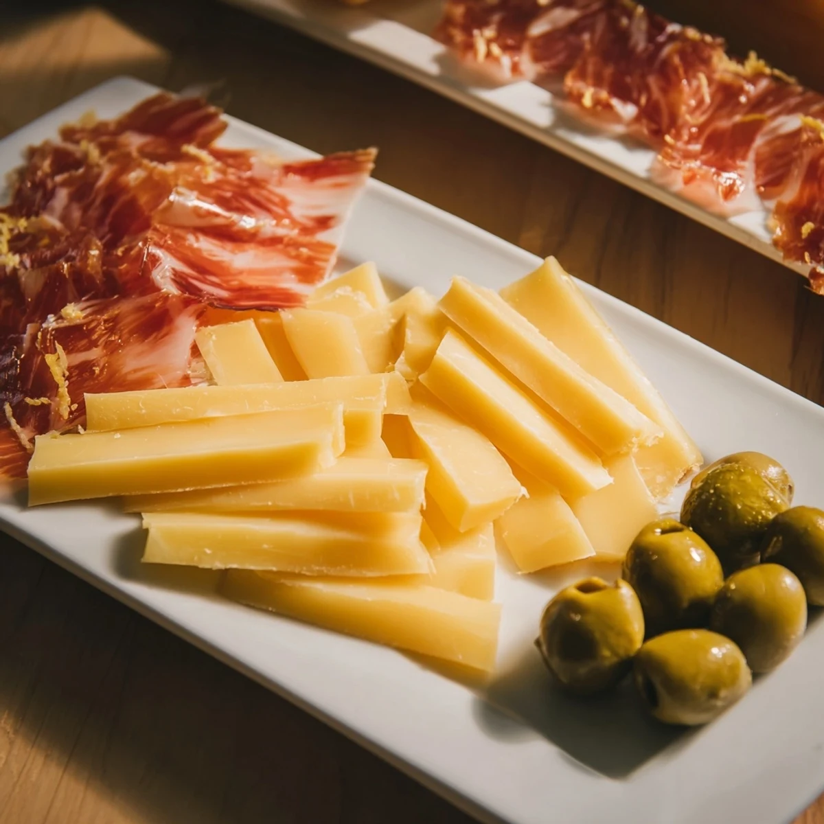 Elegant cheese board featuring the Minimalism Master: aged Comté, Jamón Ibérico, and green olives.