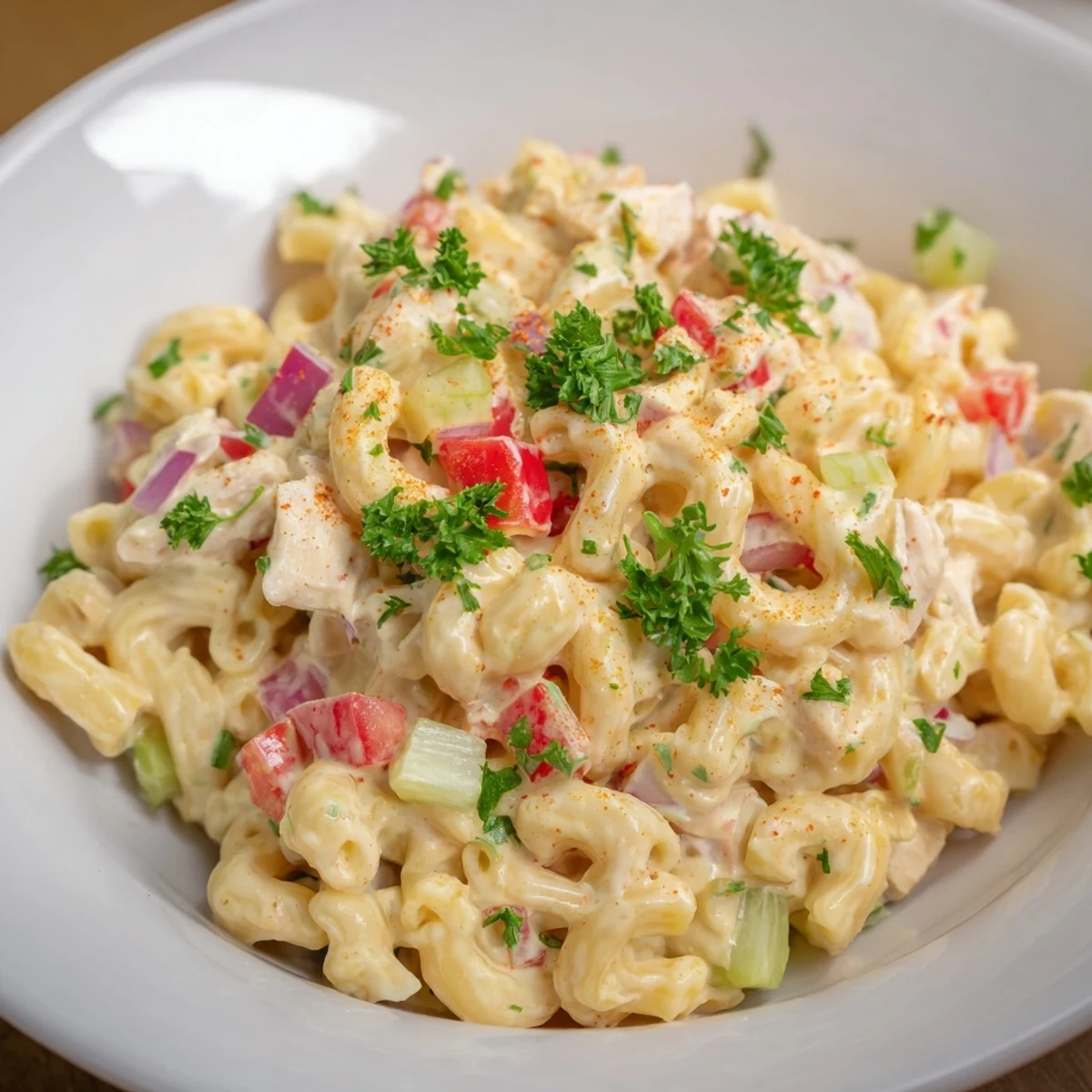 Chicken Macaroni Holiday Salad, a creamy, cold salad with visible chunks of chicken and celery.