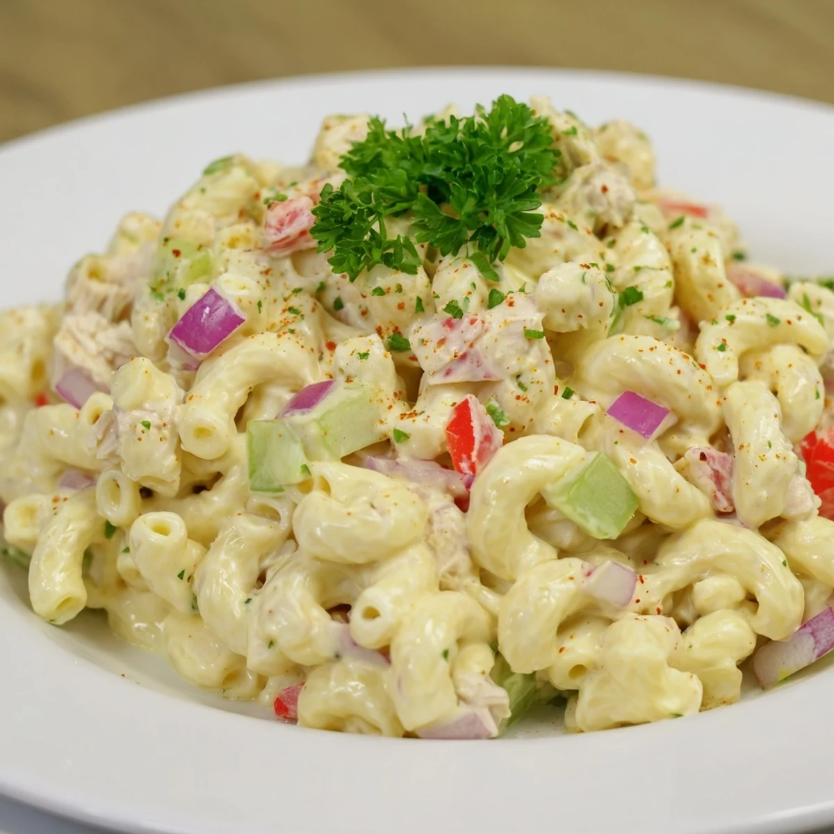 Golden macaroni in a Chicken Macaroni Holiday Salad, tossed with a tangy relish dressing for gatherings.