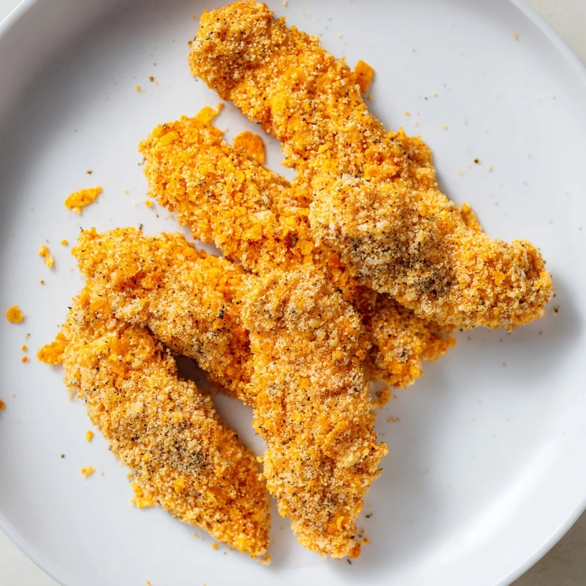 Golden, crispy onion chip chicken tenders ready to serve with ranch dressing, a delicious family meal.