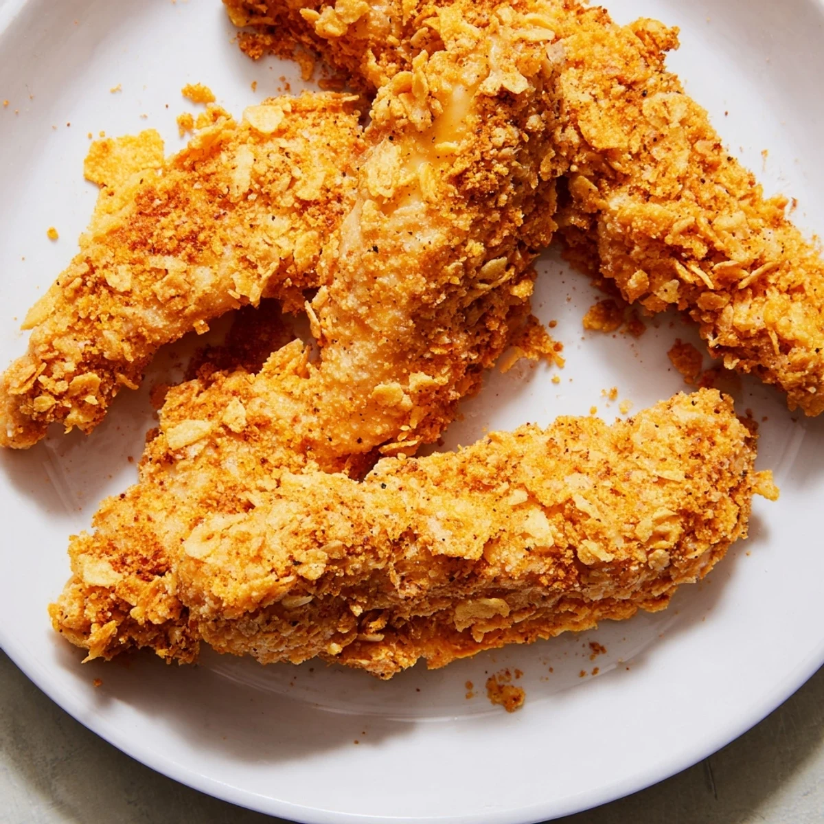 Close-up of baked onion chip chicken tenders; the crunchy coating promises flavor in every bite.