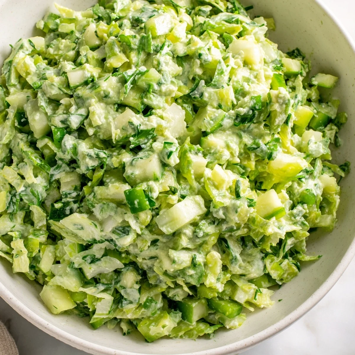 Creamy Green Goddess Cabbage Dip, a vibrant mix of fresh greens, ready to scoop with chips.
