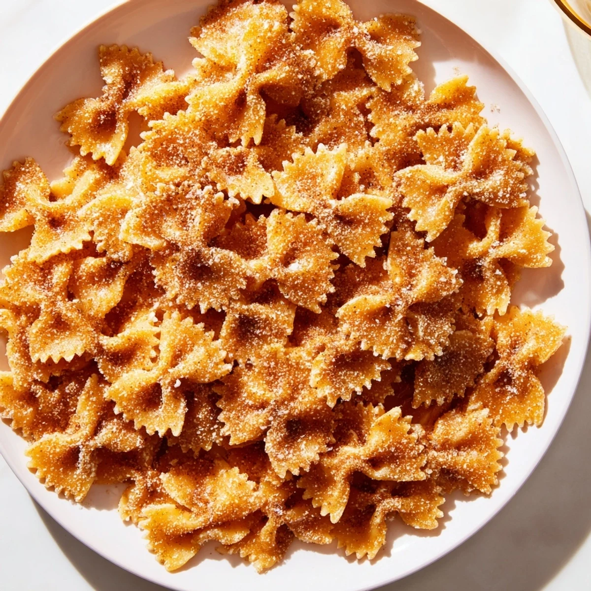 Crispy Air Fryer Pasta Christmas Crack, golden brown and coated in cinnamon sugar, ready to eat.
