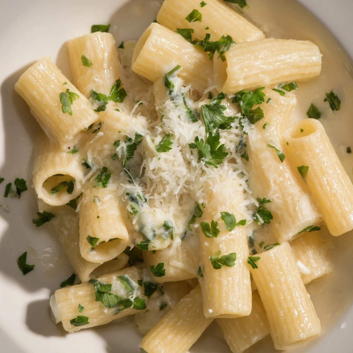 Steaming bowl of one-pot garlic butter ditalini, garnished with fresh parsley and Parmesan cheese.
