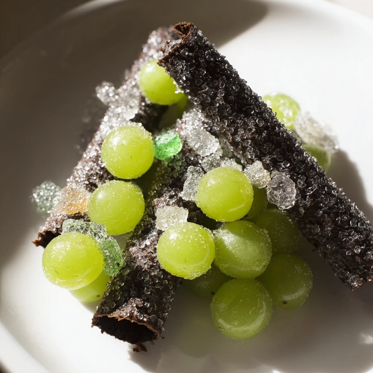 Sparkling grapes and rock candy hide temptingly within a dark chocolate cracker "Crystal Cave" dessert.