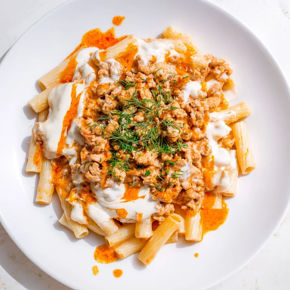 This satisfying Turkish Pasta with Ground Turkey features perfectly cooked penne coated in a spiced turkey sauce.