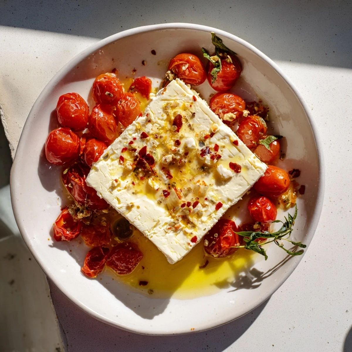 This comforting Baked Feta 2.0 is bubbling hot, showing a delicious Mediterranean main course ready to be enjoyed.