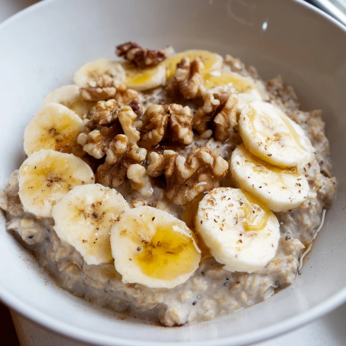 Close-up of a warm bowl of Microwave Banana Oats topped with fresh banana slices and nuts.