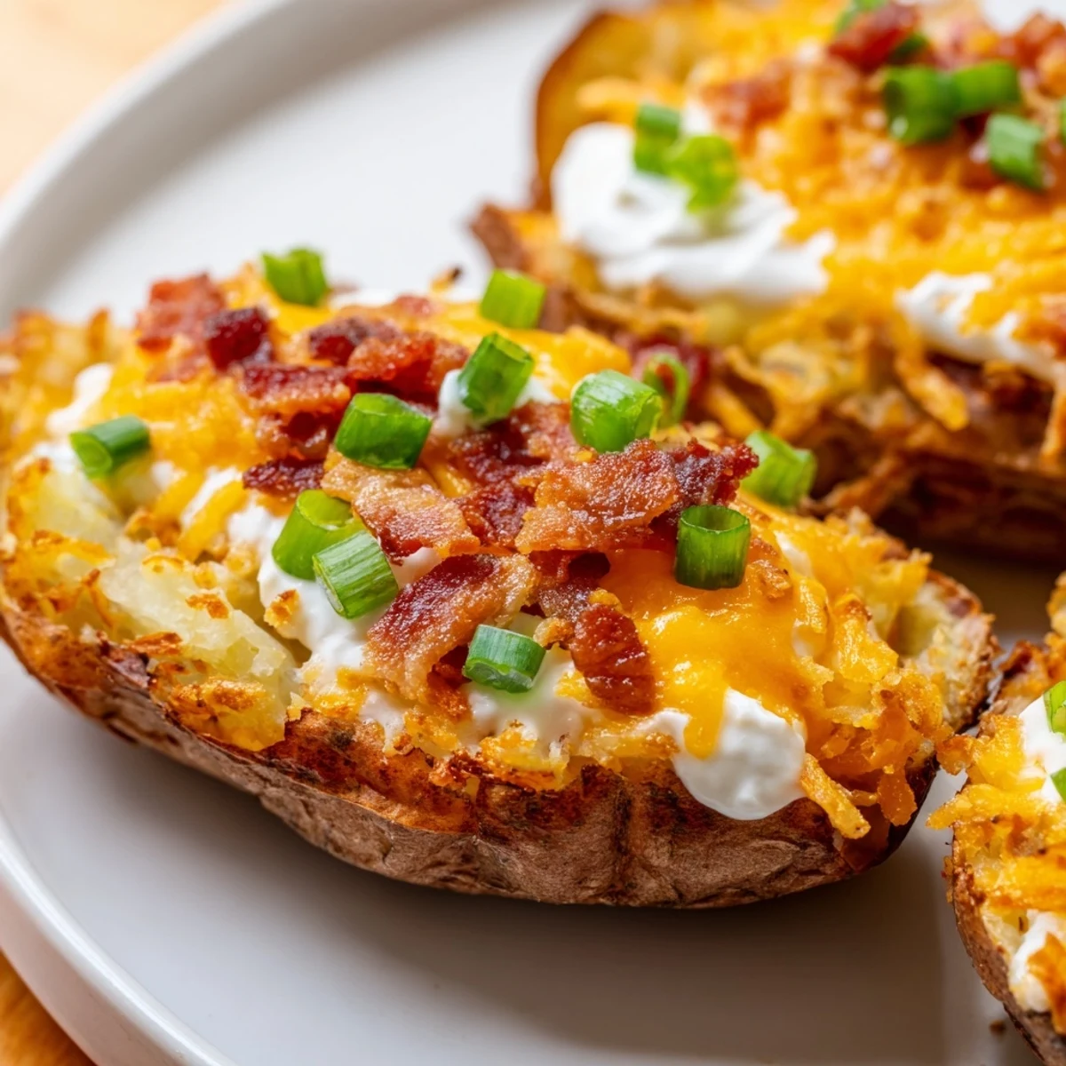 Perfectly golden loaded baked potato skins topped with melted cheese, bacon, and sour cream.