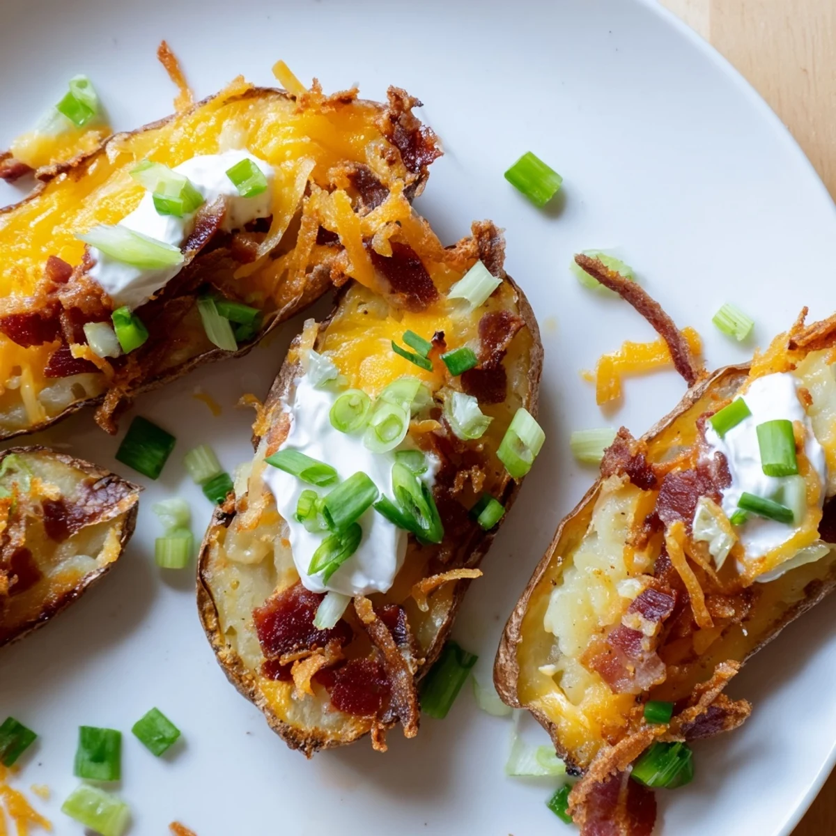 A close-up of delicious loaded baked potato skins, perfect appetizer to share with family and friends.
