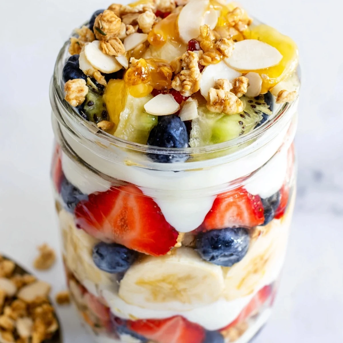 Layered Yogurt Fruit Parfait with vibrant berries and creamy yogurt, a healthy breakfast.