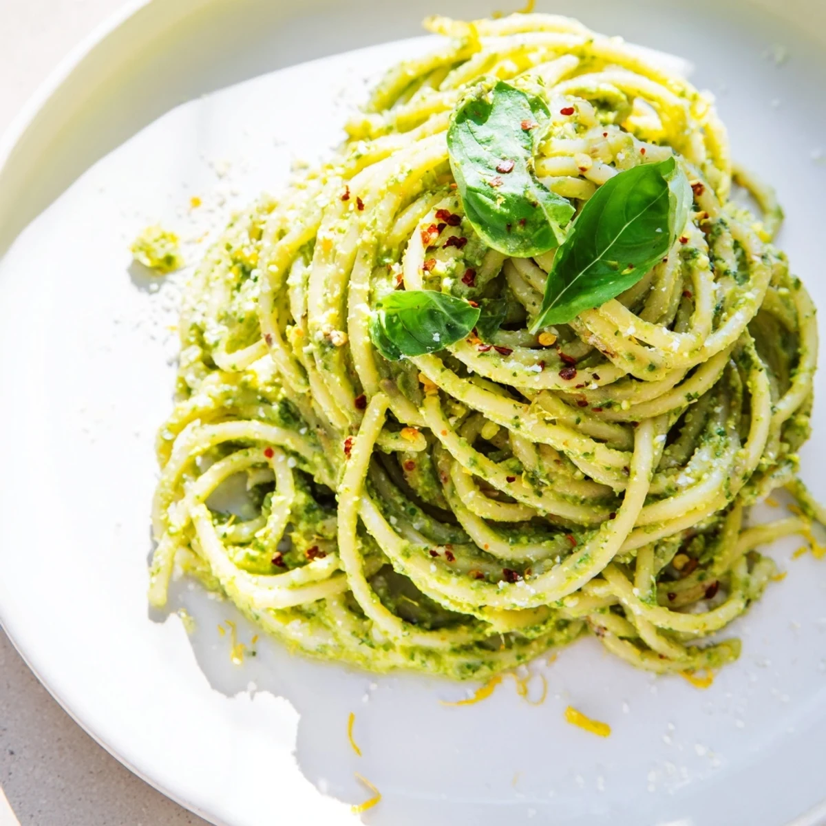 Bright green Creamy Avocado Pasta, ready to serve with fresh basil and Parmesan cheese garnish.