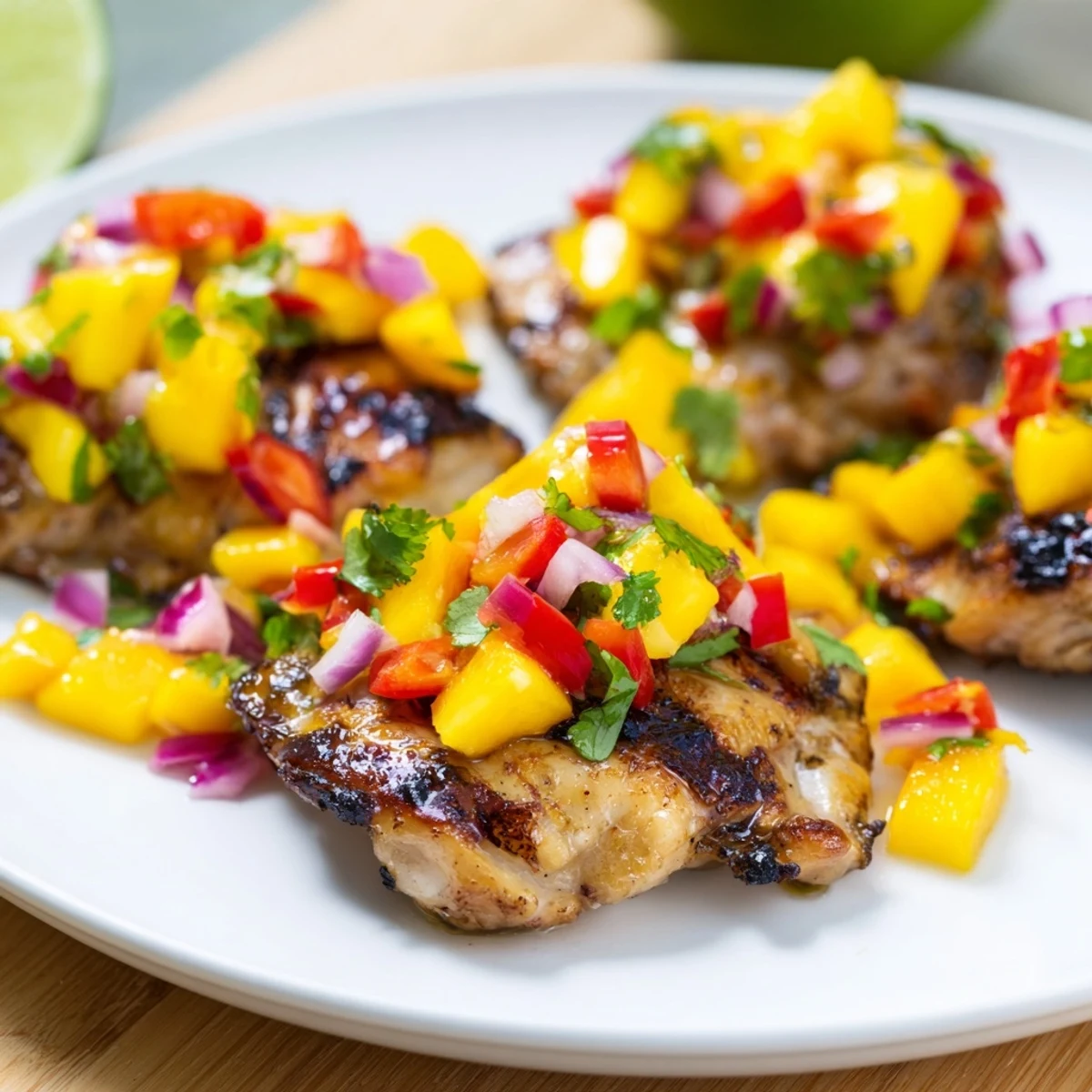 This flavorful Grilled Mango Salsa Chicken showcases perfectly cooked chicken topped with fresh mango.