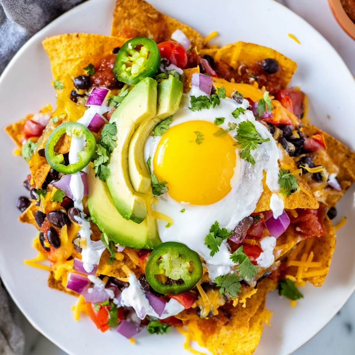 Golden-yolked eggs crown these enticing Egg-Topped Breakfast Nachos with melted cheese and fresh toppings.
