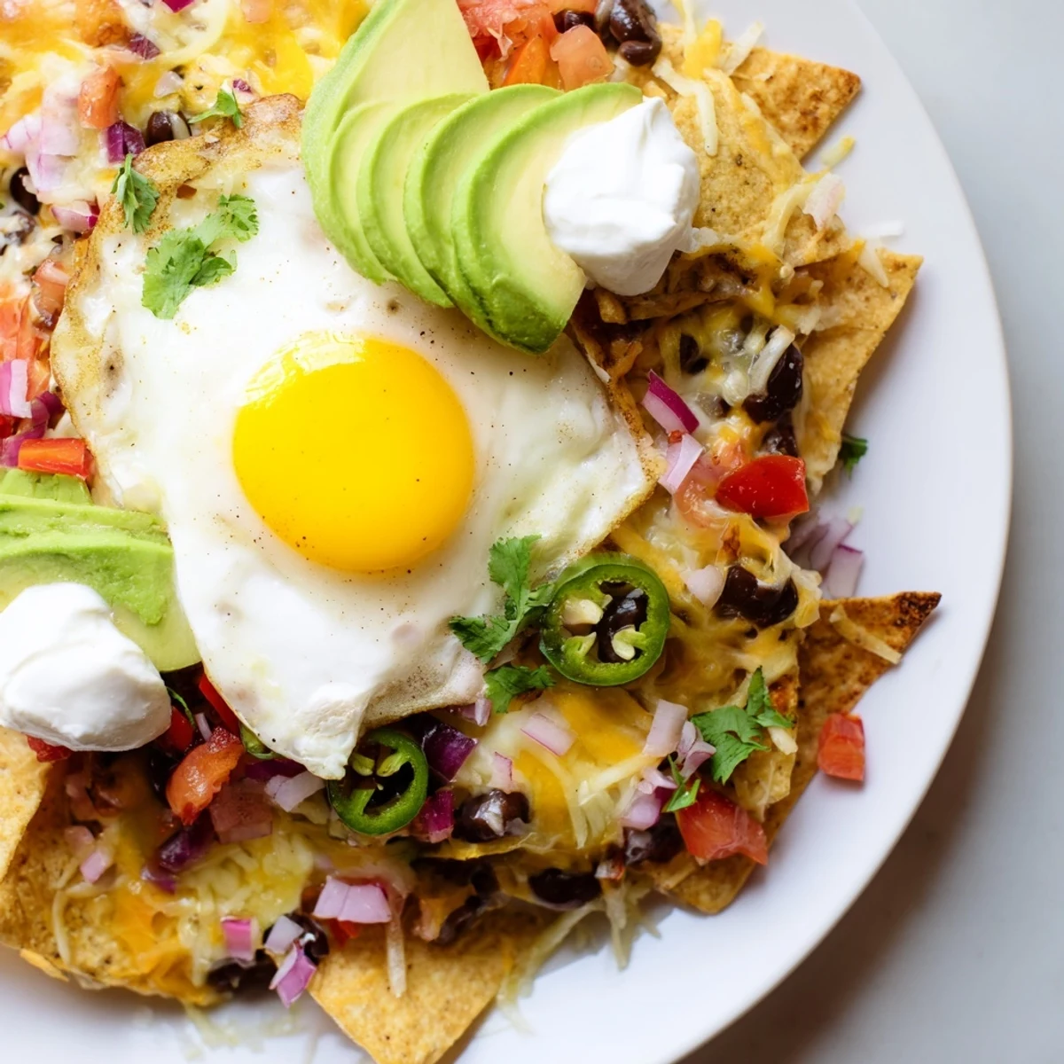 Imagine crispy chips piled high with savory ingredients, finished with perfectly cooked eggs atop these breakfast nachos.