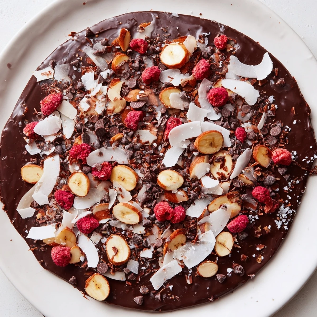 Chocolate banana bark, a frozen dessert with layers of banana and dark chocolate, and crunchy toppings.