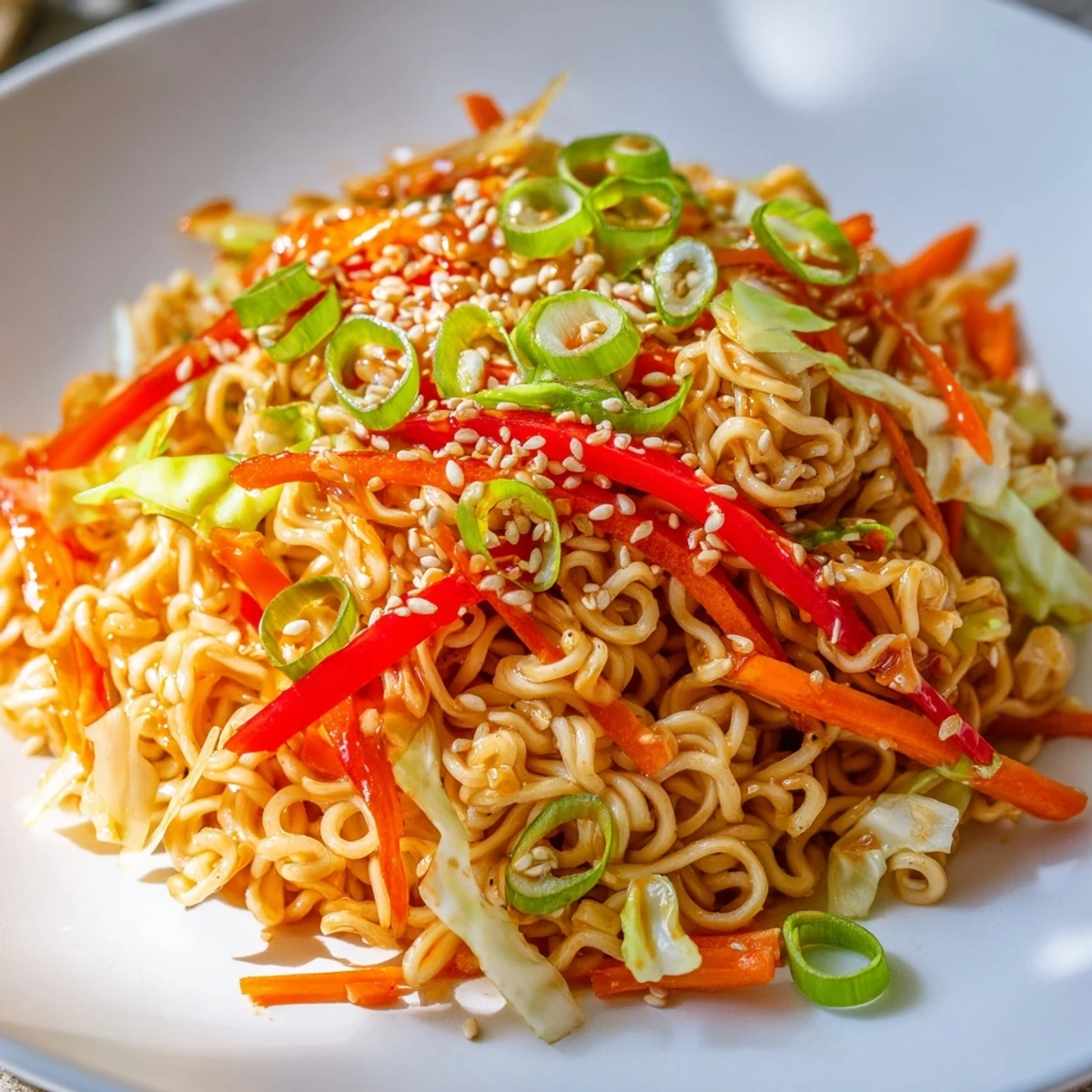 Steaming bowl of Spicy Ramen Stir Fry with vibrant vegetables and a savory, glossy sauce.