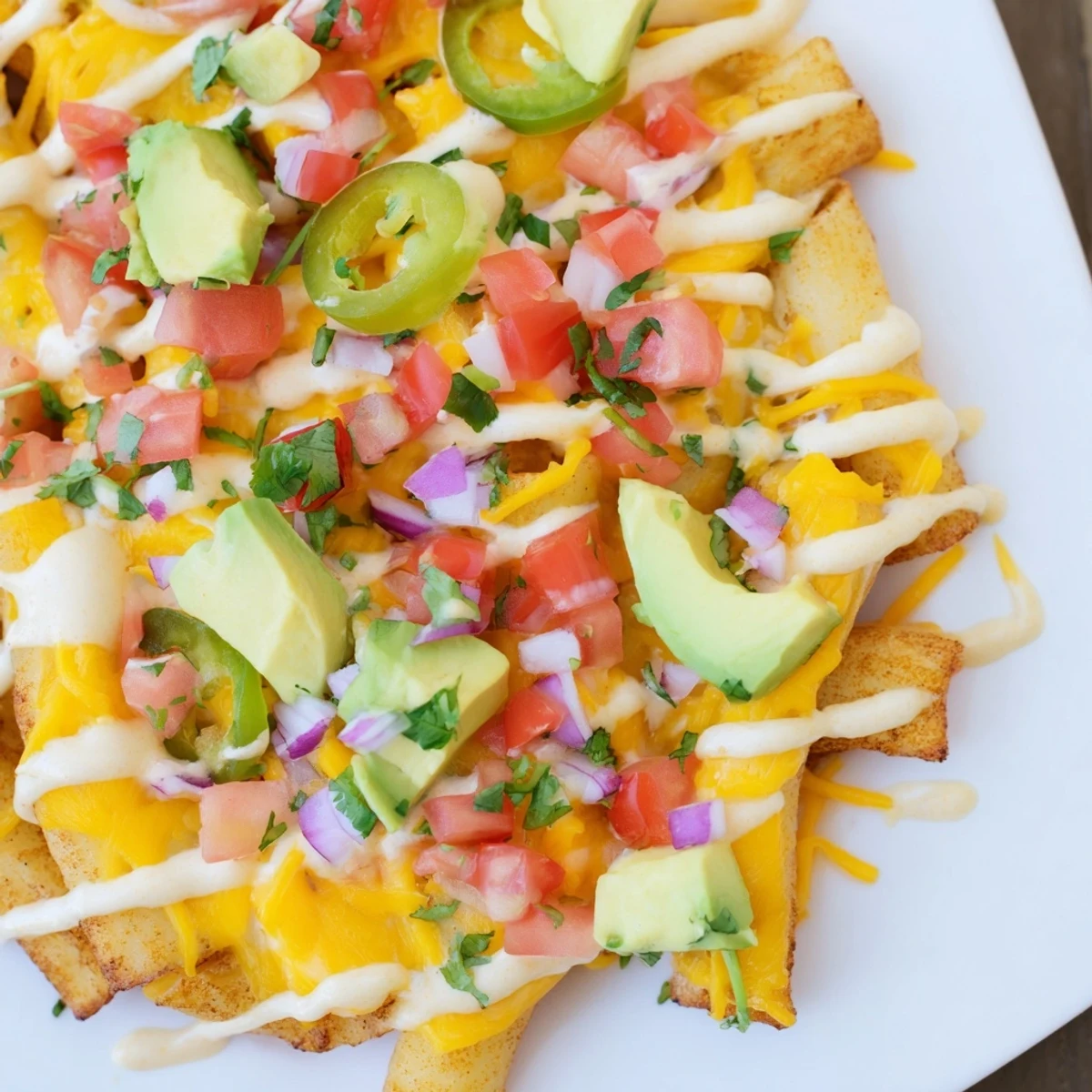 Golden-brown pasta chips nachos loaded with melted cheese, vibrant toppings, and a creamy sauce.