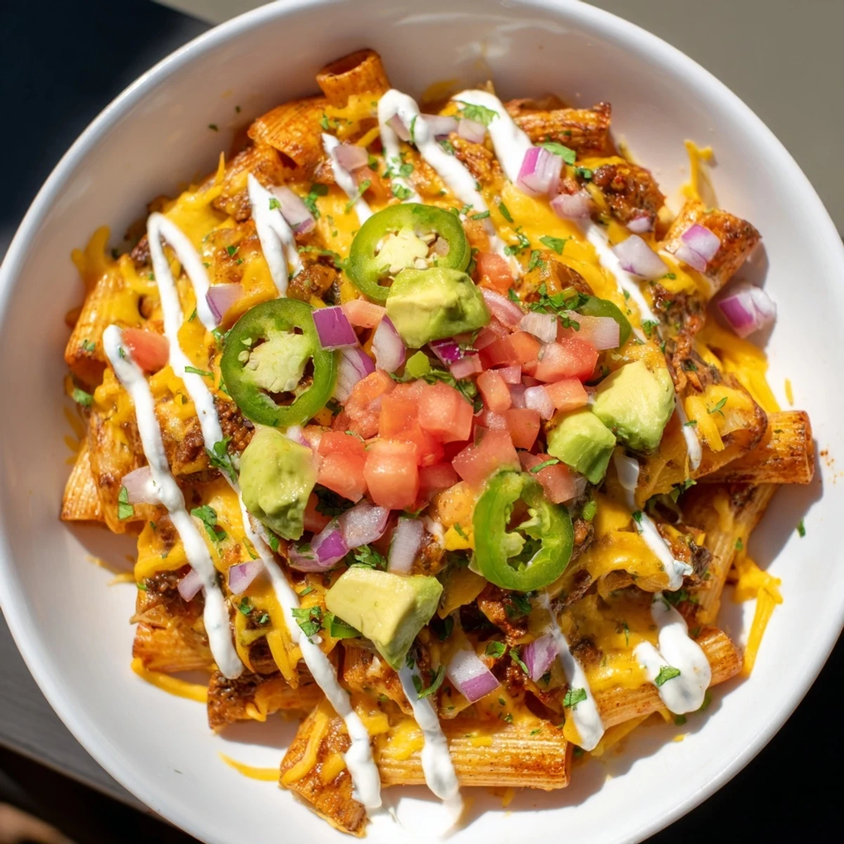 Close-up of crispy baked pasta chips nachos, overflowing with fresh ingredients and flavorful zest.