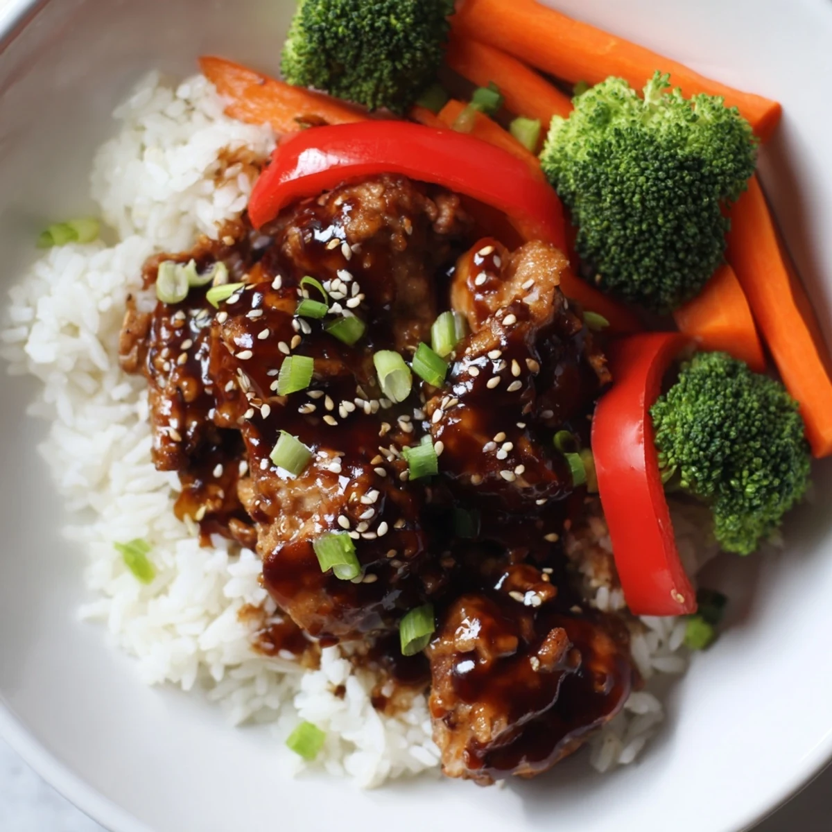 A vibrant photo of Teriyaki Chicken Rice: glazed chicken, colorful veggies, and fluffy rice.