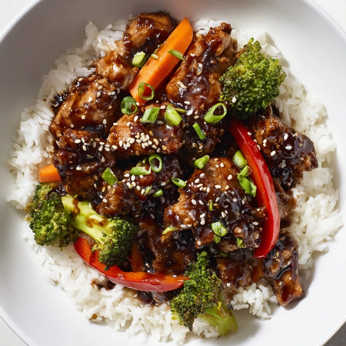 Steaming hot Teriyaki Chicken Rice: tender chicken glazed in teriyaki sauce, served with vegetables.