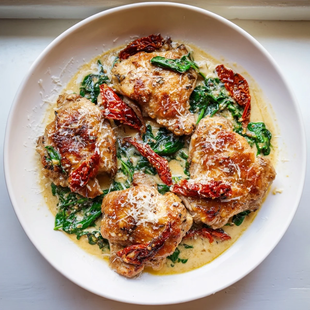 Golden seared Creamy Tuscan Chicken breasts swimming in a rich, sun-dried tomato and spinach sauce.