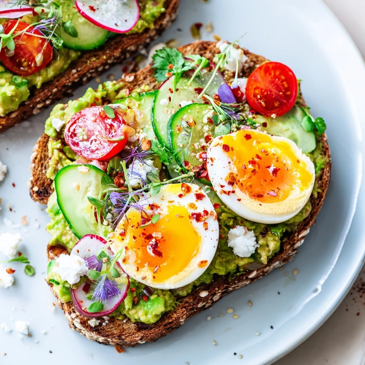 Golden sourdough topped with Loaded Avocado Toast, featuring creamy avocado, fresh veggies, and a jammy egg.
