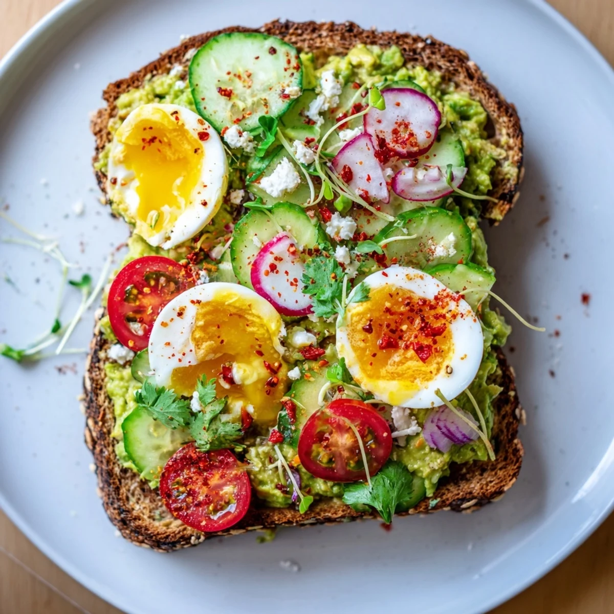 Vibrant Loaded Avocado Toast: toasted bread piled high with avocado, feta, and colorful, fresh tomato slices.