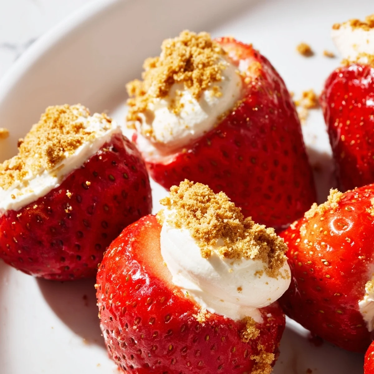 Fresh Cheesecake Stuffed Strawberries, vibrant red berries overflowing with creamy cheesecake filling, delicious.