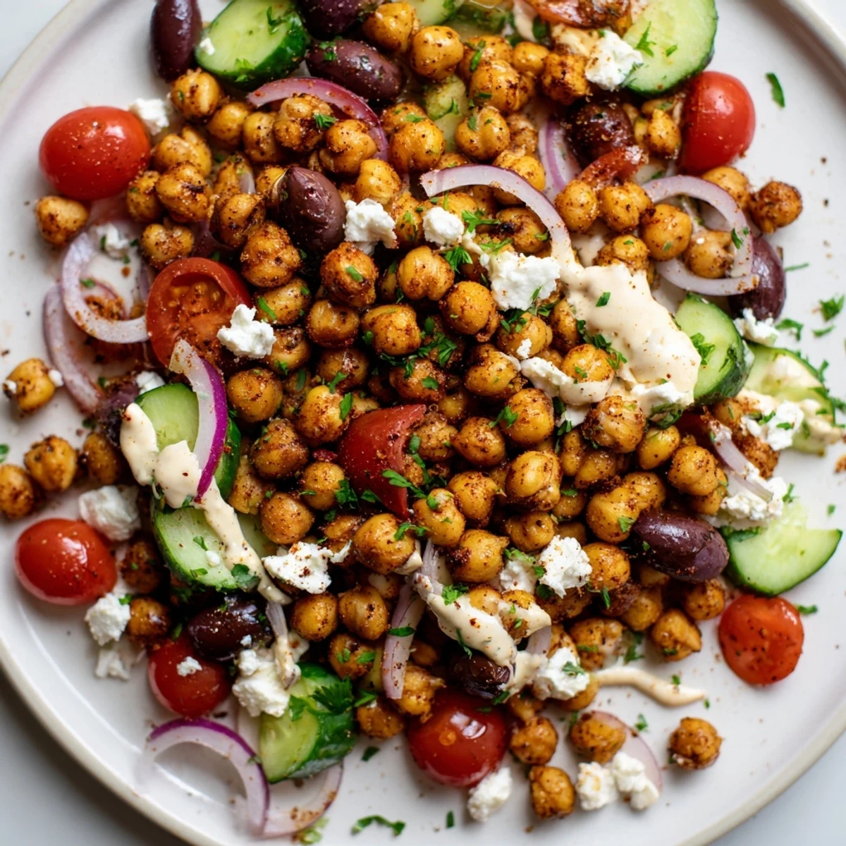 A fresh and colorful Mediterranean chickpea bowl, featuring a creamy tahini dressing and flavorful veggies.