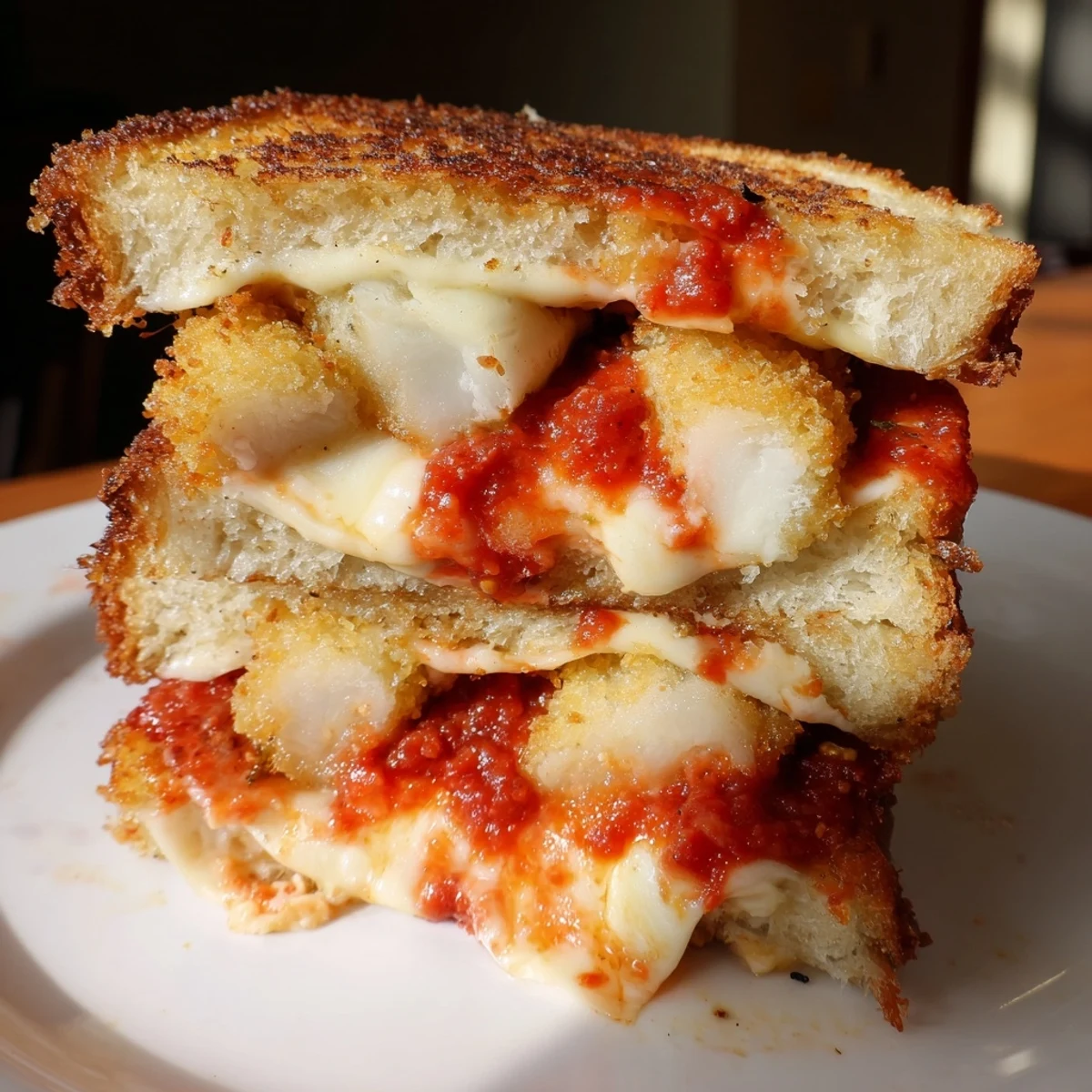 Golden-brown Mozzarella Stick Grilled Cheese with melted cheese oozing from toasted bread, ready to eat!