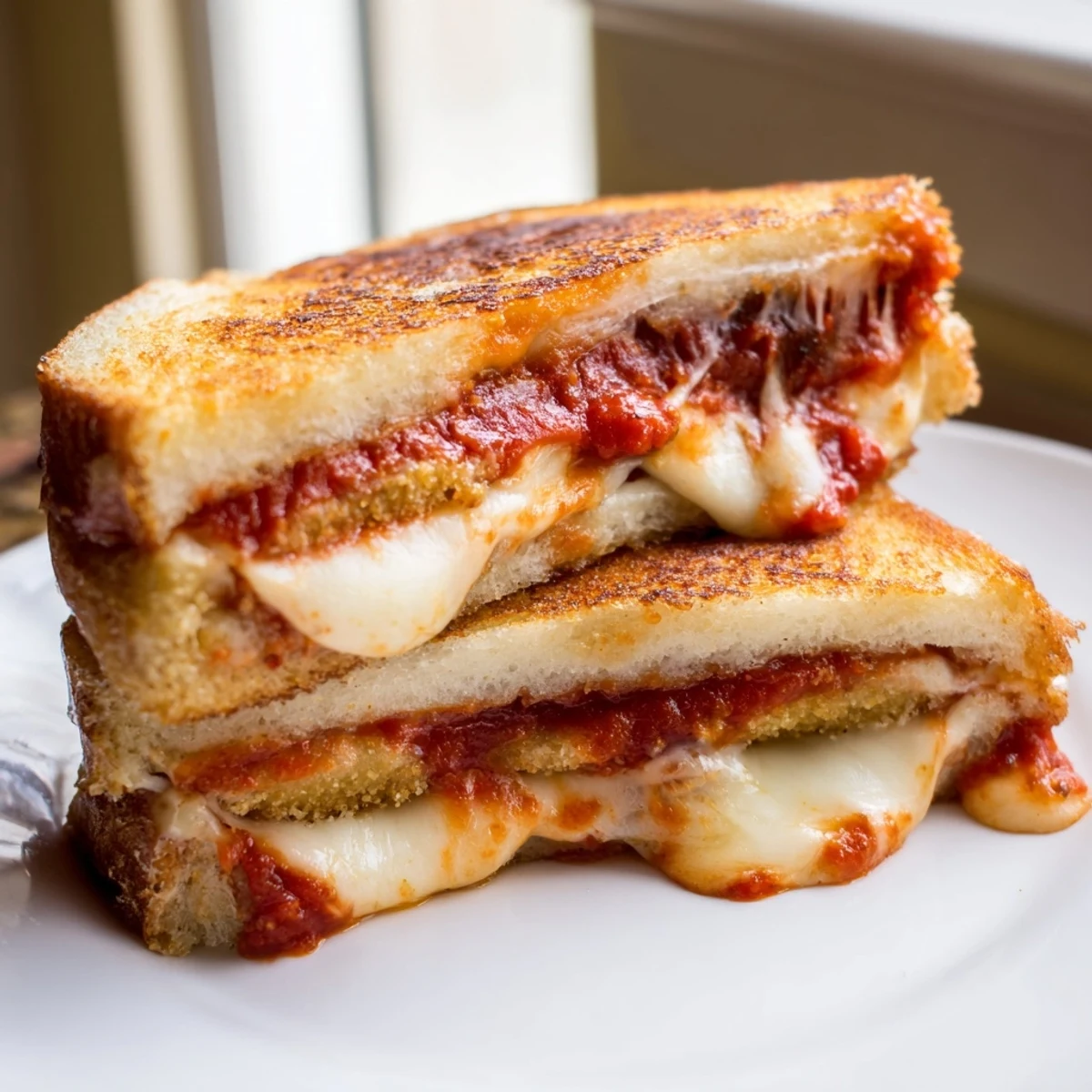 A close-up of a perfectly grilled Mozzarella Stick Grilled Cheese, ready to be dipped, with visible texture.