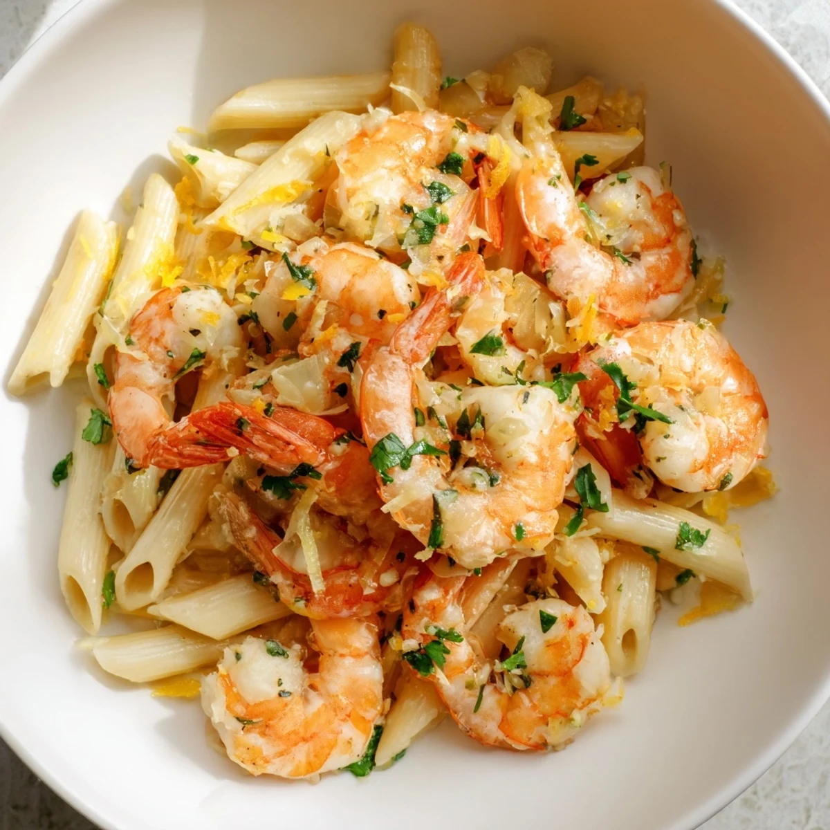 Sizzling garlic butter coats perfectly cooked shrimp and penne in this easy weeknight garlic shrimp penne.