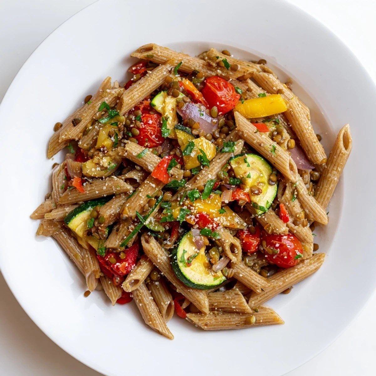 Steaming lentil pasta with vegetables, a Mediterranean delight with vibrant roasted bell peppers.