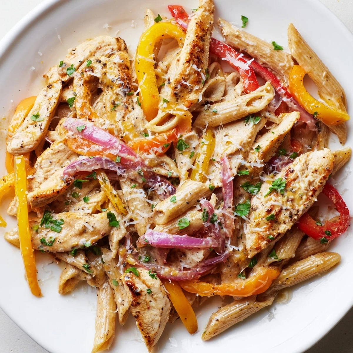 Image of creamy Cajun Chicken Pasta, garnished with parsley and Parmesan, a flavorful dinner.