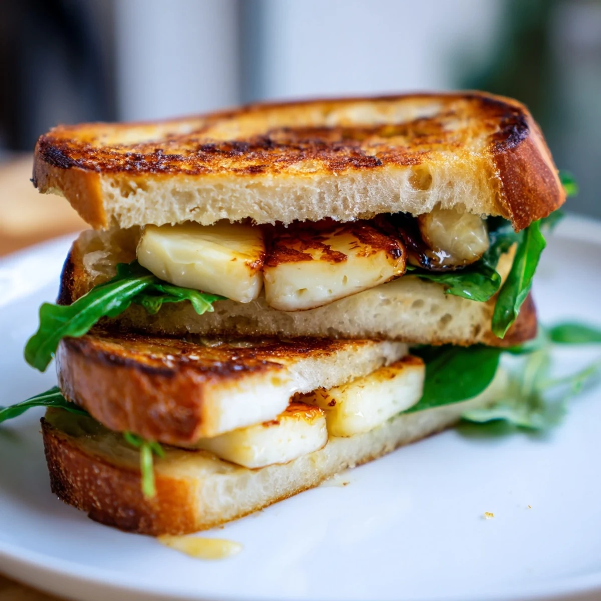 Golden brown crispy halloumi grilled cheese sandwich, oozing with melted cheese, ready to eat.