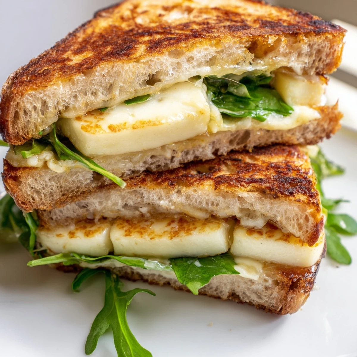 Close-up of a perfectly grilled crispy halloumi grilled cheese, layered inside toasted bread.
