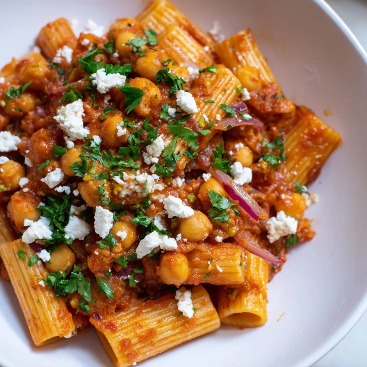 Steaming Harissa Chickpea Pasta, a delicious vegetarian meal with herbs and optional feta cheese.