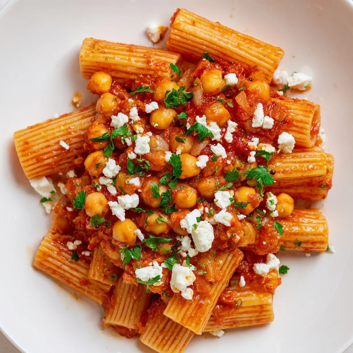 A hearty bowl of Harissa Chickpea Pasta showcasing the spiced tomato sauce and perfectly cooked pasta.